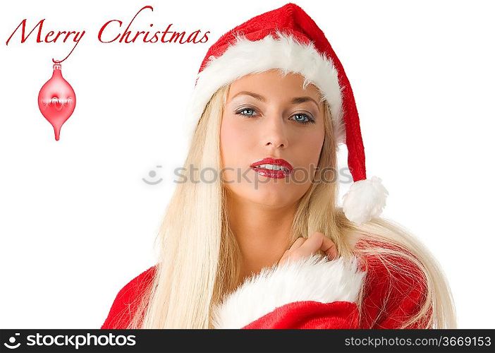 beautiful blond woman with red santa claus dress looking in camera