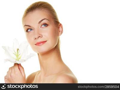 Beautiful blond woman with white lily flower