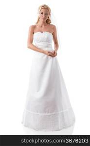 beautiful blonde bride wearing wedding dress and veil with nude shoulders, isolated on white background