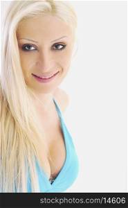 beautiful blonde closeup portrait isolated on white in studio