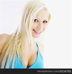 beautiful blonde closeup portrait isolated on white in studio