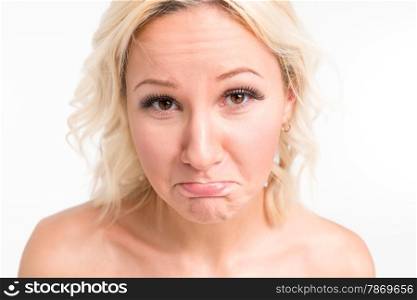 beautiful blonde emotional face on a white background