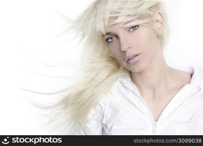 beautiful blonde girl fashion wind long hair over white