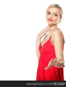Beautiful blonde girl in red summer dress. Studio shot isolated on white background