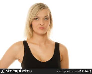 Beautiful blonde girl in sportwear young woman portrait isolated on white.
