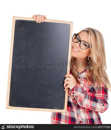 Beautiful blonde girl with glasses holding a slate isolated on a white background