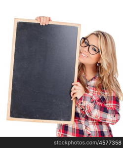 Beautiful blonde girl with glasses holding a slate isolated on a white background