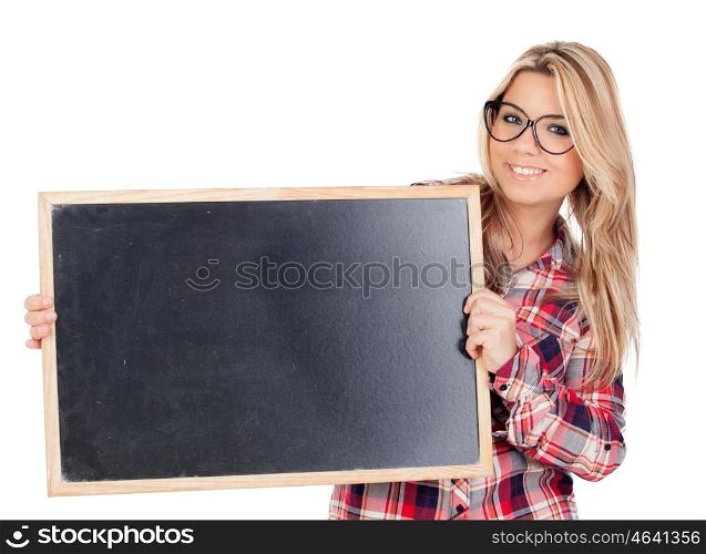 Beautiful blonde girl with glasses holding a slate isolated on a white background
