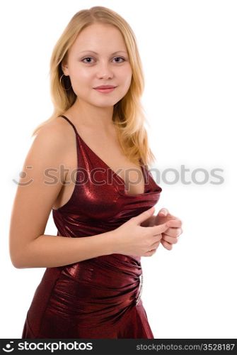 beautiful blonde in a cherry dress. Isolated on white