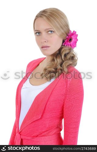 Beautiful blonde with a flower in her hair. Isolated on white background