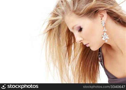Beautiful blonde with the flying hair, isolated