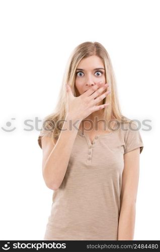 Beautiful blonde woman astonished with something with her hand in front of the mouth, isolated over white background