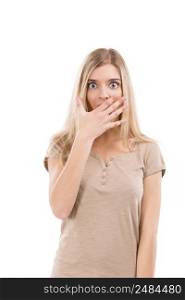 Beautiful blonde woman astonished with something with her hand in front of the mouth, isolated over white background
