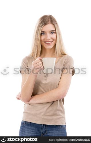 Beautiful blonde woman holding a cup of coffee, isolated over white background