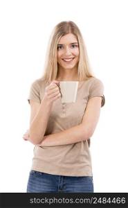 Beautiful blonde woman holding a cup of coffee, isolated over white background