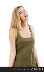 Beautiful blonde woman laughing, isolated over white background