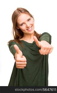 Beautiful blonde woman showing thumbs up