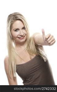 beautiful blonde woman showing thumbs up. beautiful blonde woman showing thumbs up on white background
