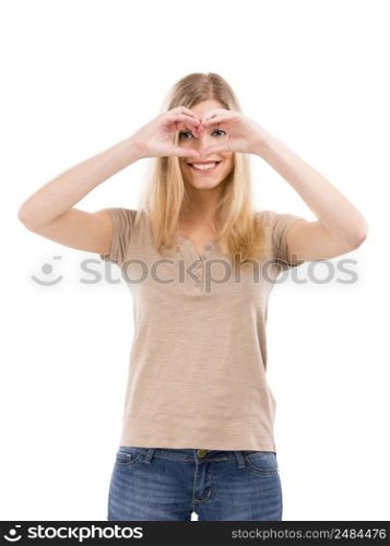 Beautiful blonde woman smiling and doing a heart with her hands, isolated over white background