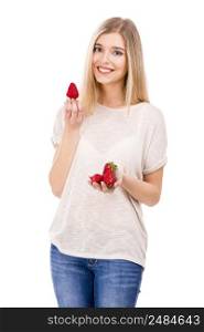 Beautiful blonde woman smiling and holding strawberries, isolated over white background