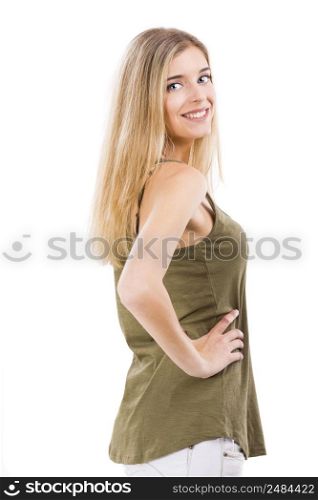 Beautiful blonde woman smiling and isolated over white background