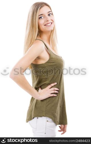 Beautiful blonde woman smiling and isolated over white background