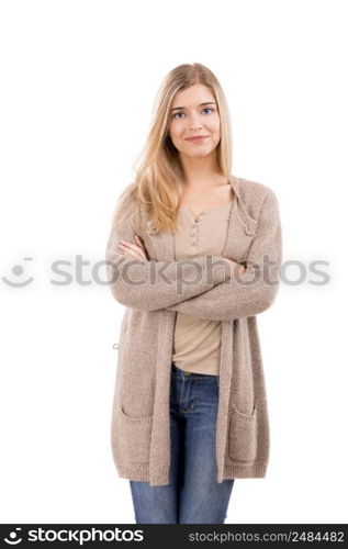 Beautiful blonde woman smiling and standing over white background