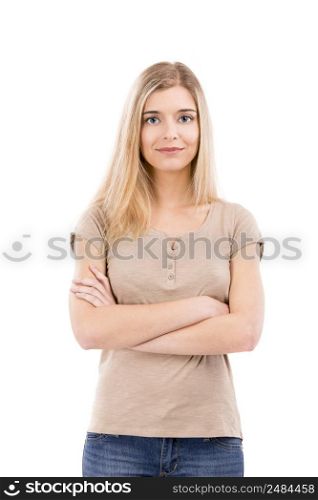 Beautiful blonde woman smiling with hands folded, isolated over white background