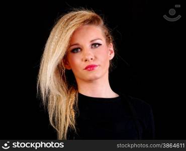 beautiful blonde woman wearing black shirt, posing, studio shot