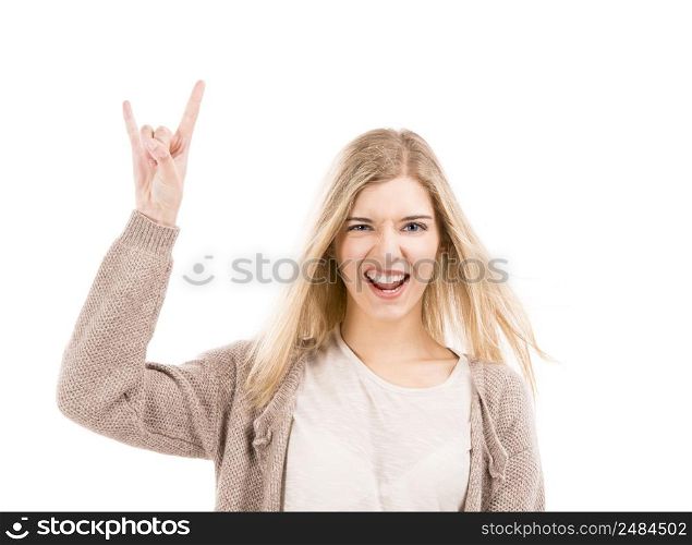 Beautiful blonde woman with a silly face and making gestures with her hands, isolated over white background