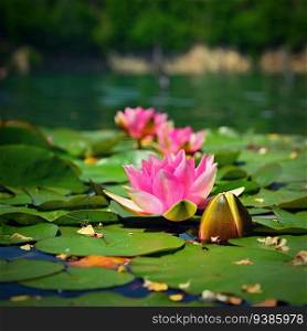 Beautiful blooming water lily plant. Colorful nature background for massage, spa and relaxation.