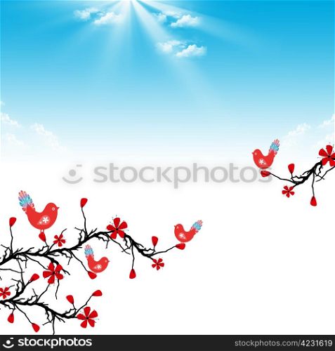 Beautiful blossom cherry and birds on blue shky background