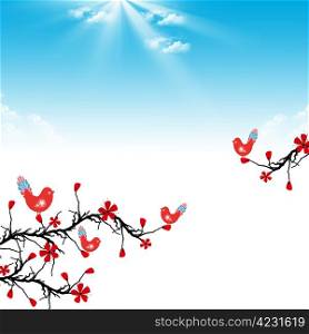 Beautiful blossom cherry and birds on blue shky background