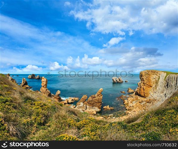 Beautiful blossoming Atlantic Ocean coastline landscape with yellow flowers in front (near Arnia Beach, Biskaya, Cantabria, Spain). Two shots stitch panorama.