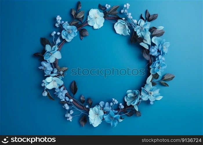 Beautiful blue background with flowers and copy space. Empty space for text. Frame, backdrop. Summer, spring, blossom. Woman’s or Mother’s Day, Birthday. Generative AI. Beautiful blue background with flowers and copy space. Empty space for text. Frame, backdrop. Summer, spring, blossom. Woman’s or Mother’s Day, Birthday. Generative AI.