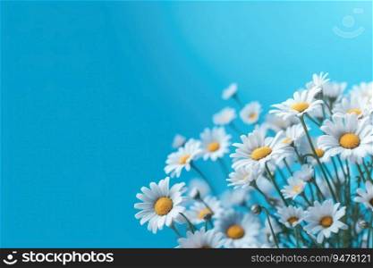 Beautiful blue background with white daisies. Generative AI