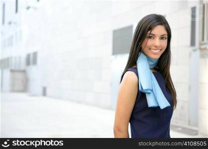 Beautiful blue dress stewardess walking to convention center
