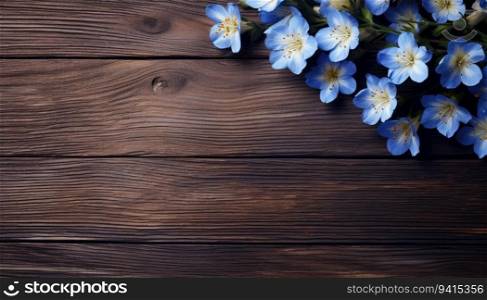 Beautiful blue flowers on a wooden background. Place for text.