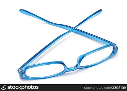 Beautiful blue glasses closeup on white background