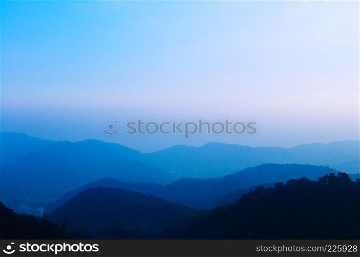 Beautiful Blue hour morning sunrise sky forest and mountain in Mon Cham, Chiang Mai, Thailand