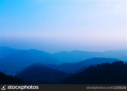 Beautiful Blue hour morning sunrise sky forest and mountain in Mon Cham, Chiang Mai, Thailand