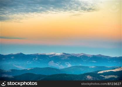 Beautiful blue mountains and hills. Landscape at sunset time