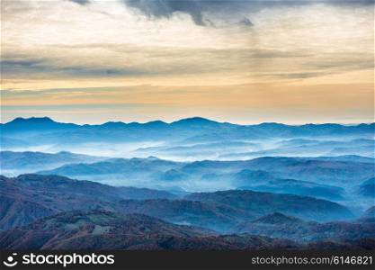 Beautiful blue mountains and hills. Landscape at sunset time