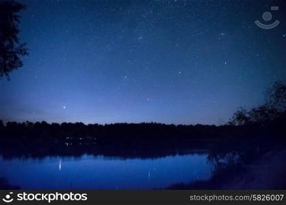 Beautiful blue night sky with many stars on a lake with forest on the other coast. Milkyway reflection in water