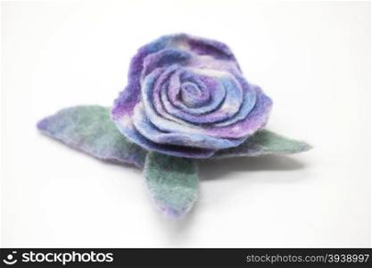 Beautiful blue rose flower milled wool on a white background.. Beautiful blue rose flower milled wool on a white background