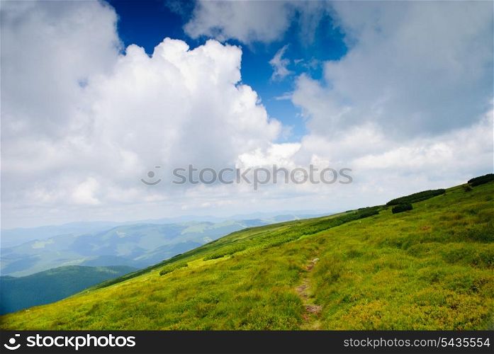 Beautiful blue sky and dry grass high up in Carpathian mountains