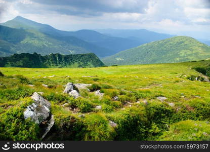 Beautiful blue sky and glade high up in Carpathian mountains. Beautiful mountain landscape