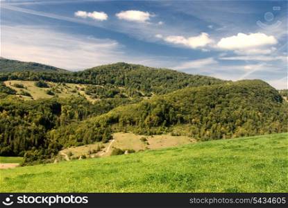 Beautiful blue sky and green grass with and mountains