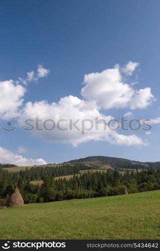 Beautiful blue sky and green grass with hayrick