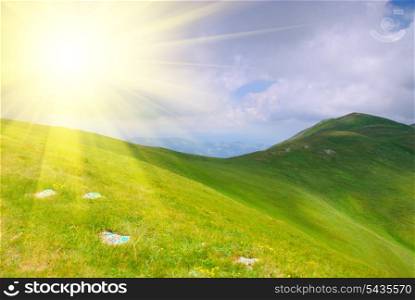 Beautiful blue sky and green hills high up in Carpathian mountains